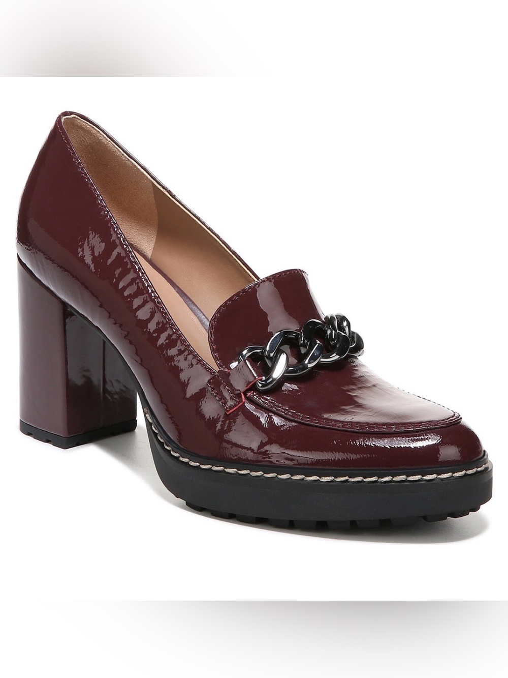 Naturalizer Callie-Moc High-Heel Loafer Burgandy Metallic Chain 3.5” Heel Sz 8.5